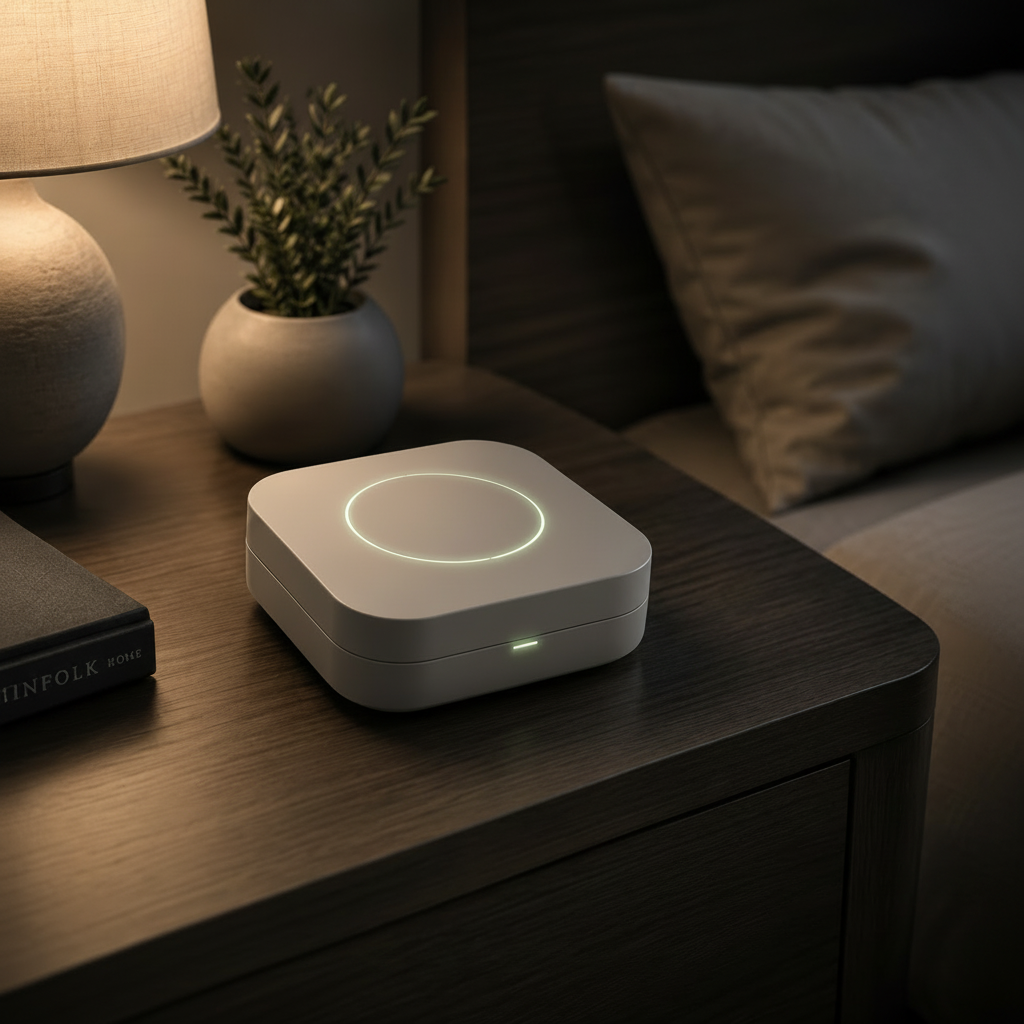 The Haven device concept resting on a dark wooden nightstand in warm low lamplight, its button softly glowing