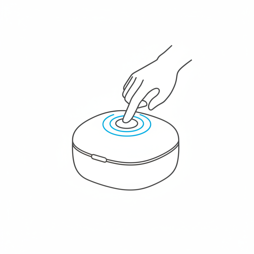 Illustration of a hand pressing the large top button on the closed Haven device